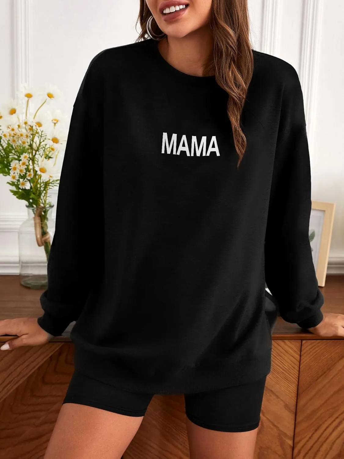 MakeMeChic Women's Maternity Sweatshirt Oversized Long Sleeve Split Side Graphic Pullover Tee Tops Pregnancy Mama Sweatshirt