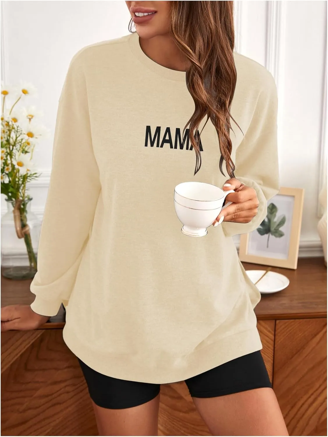 MakeMeChic Women's Maternity Sweatshirt Oversized Long Sleeve Split Side Graphic Pullover Tee Tops Pregnancy Mama Sweatshirt