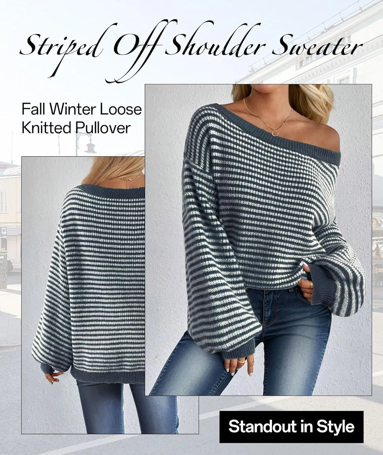 MARZXIN Women's 2025 Fall Long Sleeve Sweaters Casual Loose Striped Off Shoulder Casual Oversized Knitted Sweater Pullovers