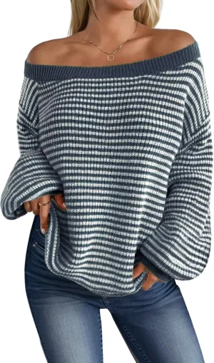 MARZXIN Women's 2025 Fall Long Sleeve Sweaters Casual Loose Striped Off Shoulder Casual Oversized Knitted Sweater Pullovers