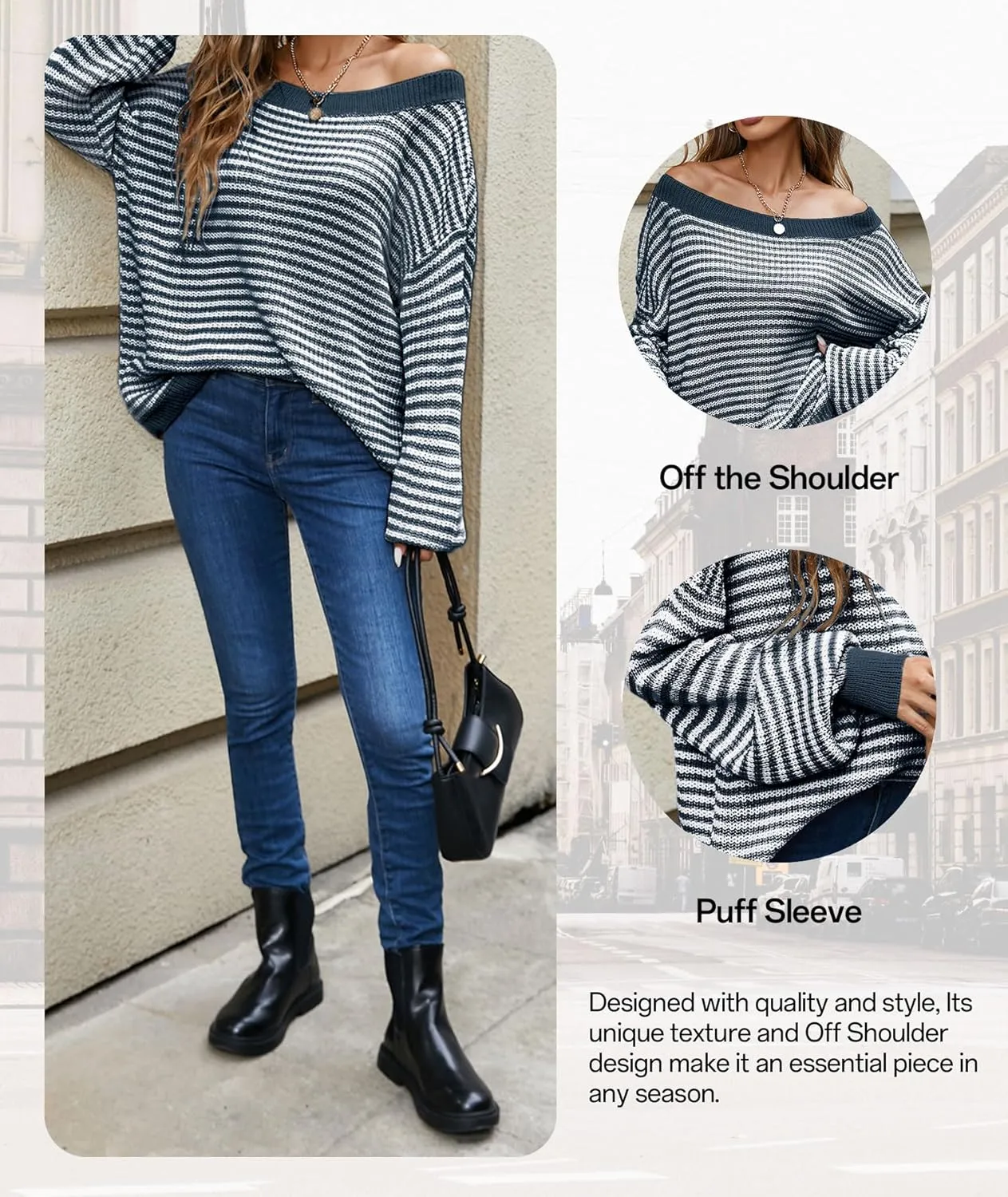 MARZXIN Women's 2025 Fall Long Sleeve Sweaters Casual Loose Striped Off Shoulder Casual Oversized Knitted Sweater Pullovers