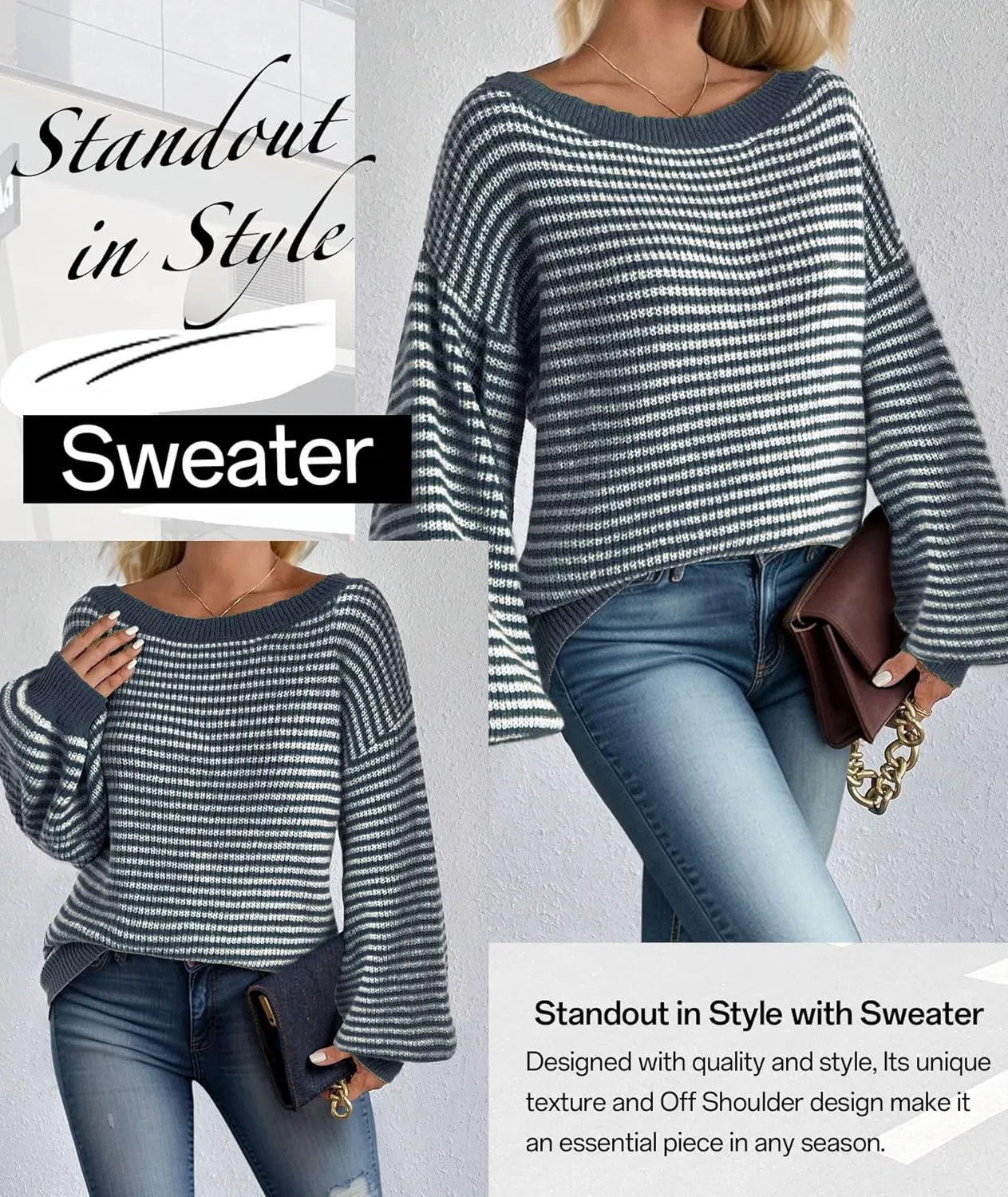 MARZXIN Women's 2025 Fall Long Sleeve Sweaters Casual Loose Striped Off Shoulder Casual Oversized Knitted Sweater Pullovers