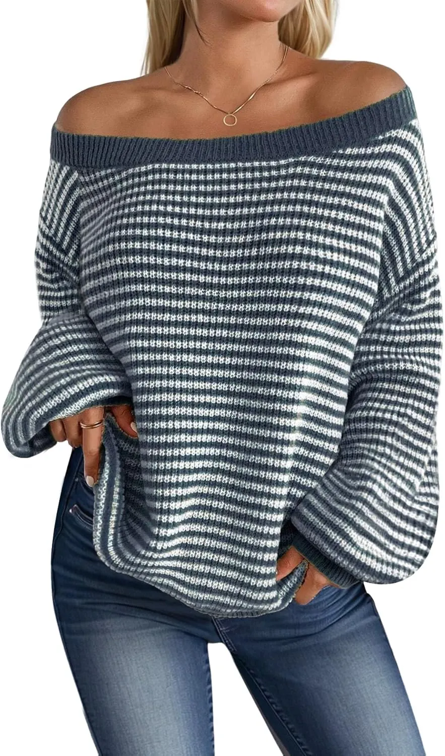 MARZXIN Women's 2025 Fall Long Sleeve Sweaters Casual Loose Striped Off Shoulder Casual Oversized Knitted Sweater Pullovers