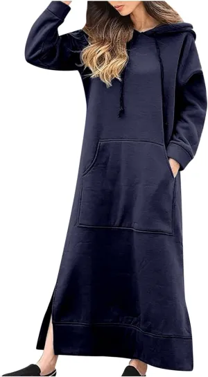 Maxi Hooded Dress for Women Split Hem Hooded Long Sweatshirt Dress with Pockets Long Hoodies 2023 Fall Fashion