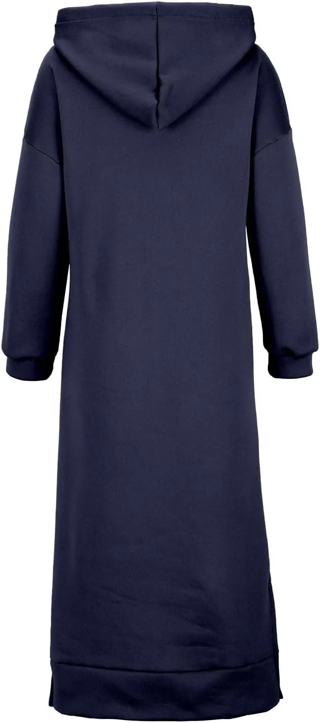 Maxi Hooded Dress for Women Split Hem Hooded Long Sweatshirt Dress with Pockets Long Hoodies 2023 Fall Fashion