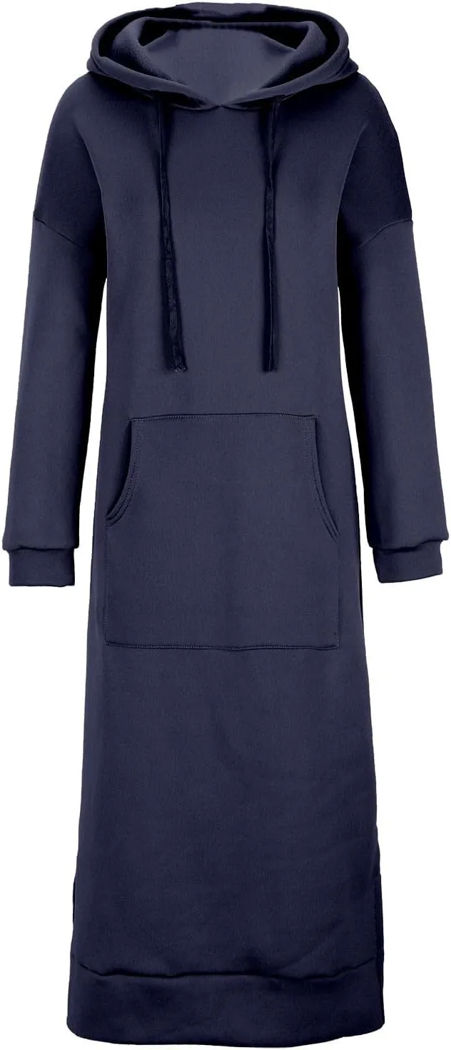 Maxi Hooded Dress for Women Split Hem Hooded Long Sweatshirt Dress with Pockets Long Hoodies 2023 Fall Fashion