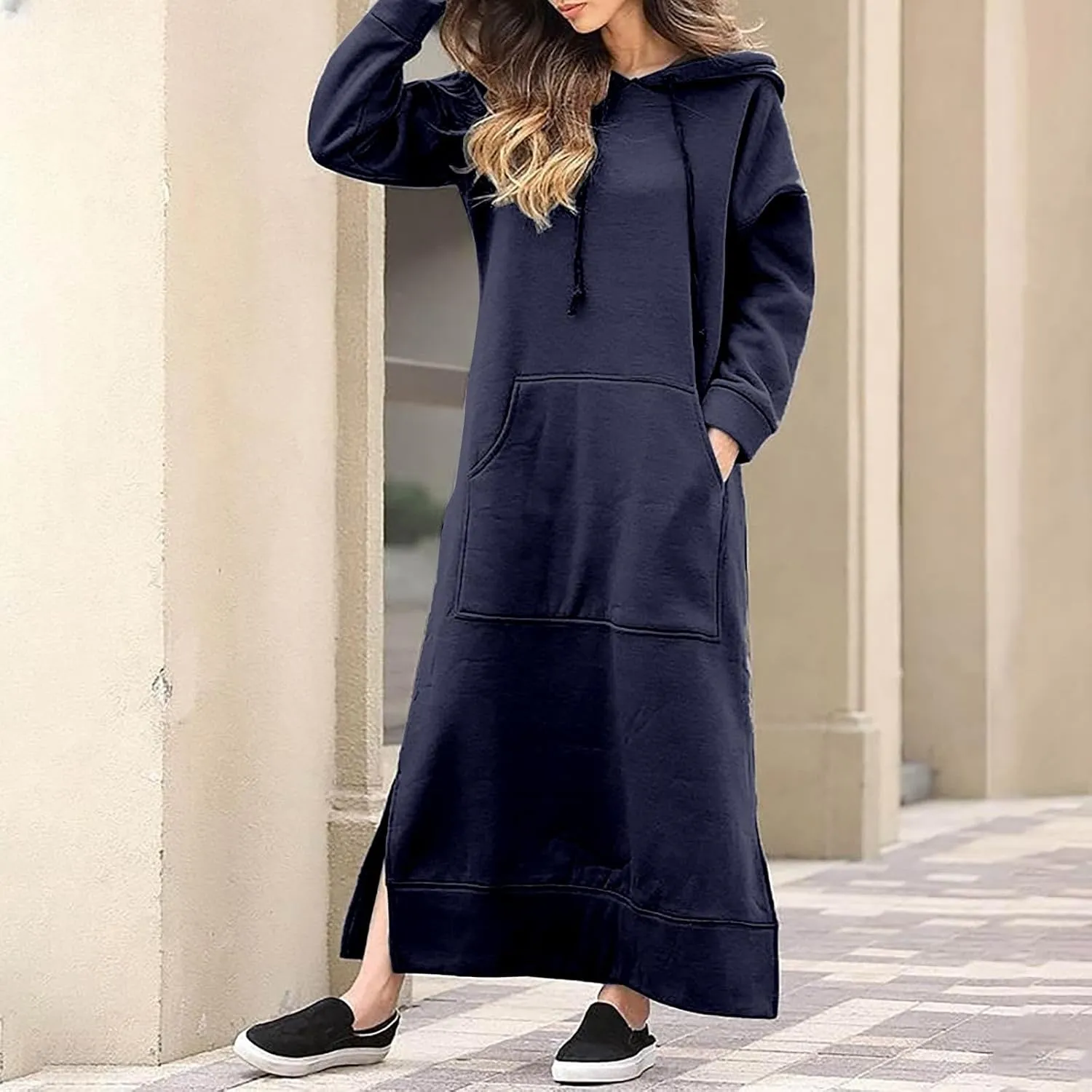 Maxi Hooded Dress for Women Split Hem Hooded Long Sweatshirt Dress with Pockets Long Hoodies 2023 Fall Fashion