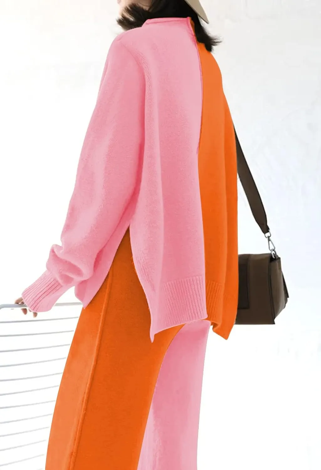 Meenew Women's High Neck 2 Piece Sweatsuit Long Sleeve Knit Sweater Tops Wide Leg Pants Set Outfits