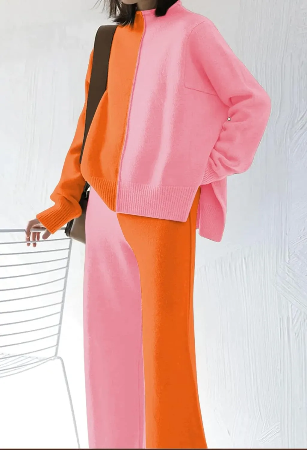 Meenew Women's High Neck 2 Piece Sweatsuit Long Sleeve Knit Sweater Tops Wide Leg Pants Set Outfits