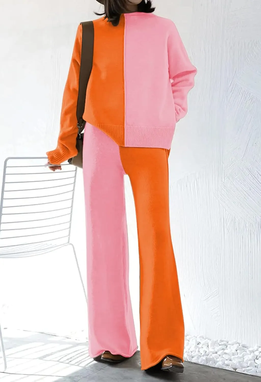 Meenew Women's High Neck 2 Piece Sweatsuit Long Sleeve Knit Sweater Tops Wide Leg Pants Set Outfits