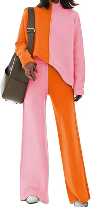 Meenew Women's High Neck 2 Piece Sweatsuit Long Sleeve Knit Sweater Tops Wide Leg Pants Set Outfits