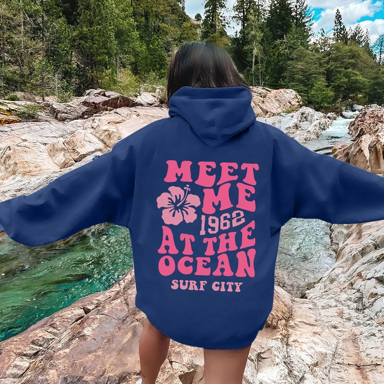 Meet Me at The Ocean Graphic Hoodie For Women Trendy Letter Printed Long Sleeve Hoodie Oversized Casual Pullover Tops
