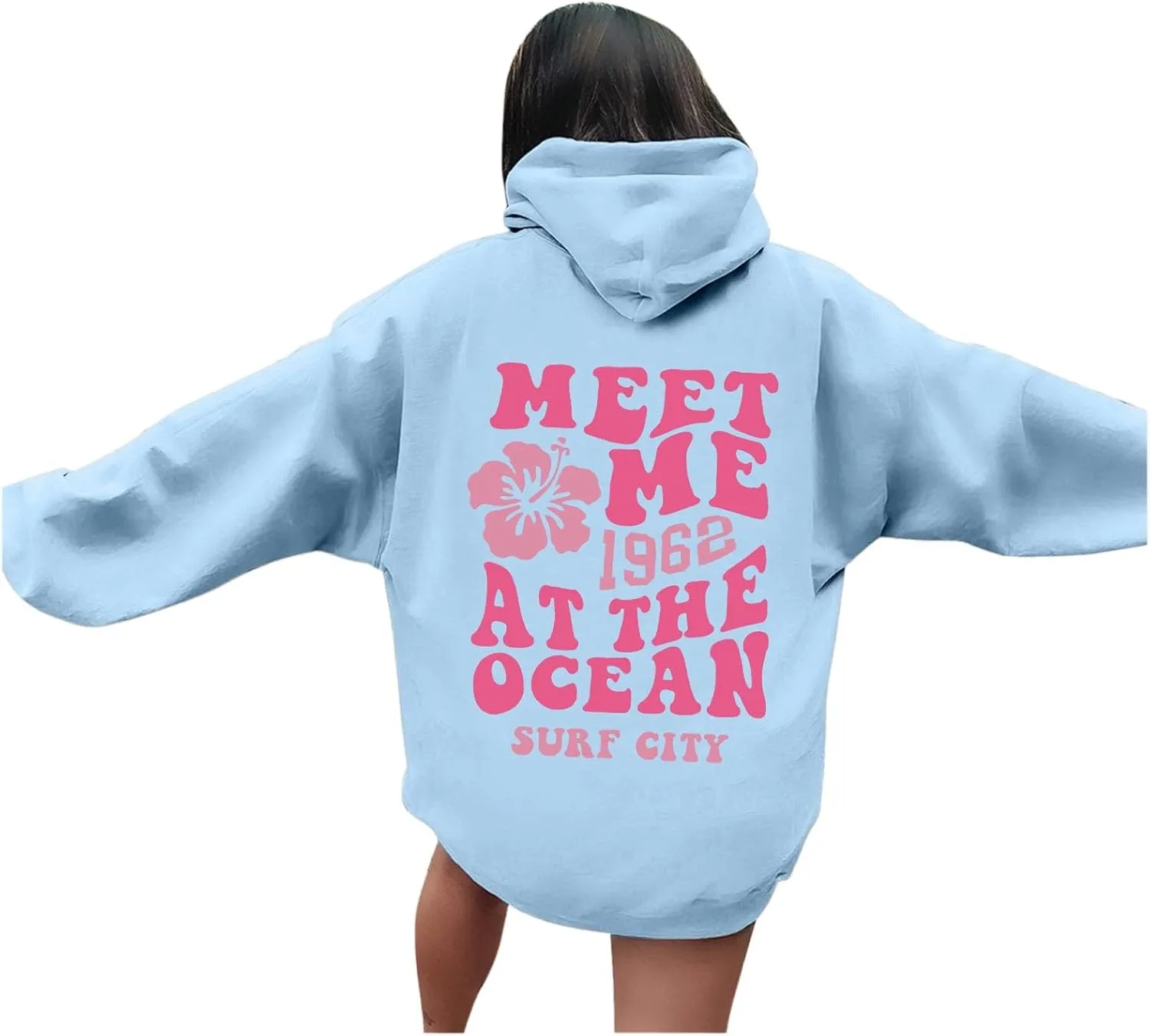 Meet Me at The Ocean Graphic Hoodie For Women Trendy Letter Printed Long Sleeve Hoodie Oversized Casual Pullover Tops