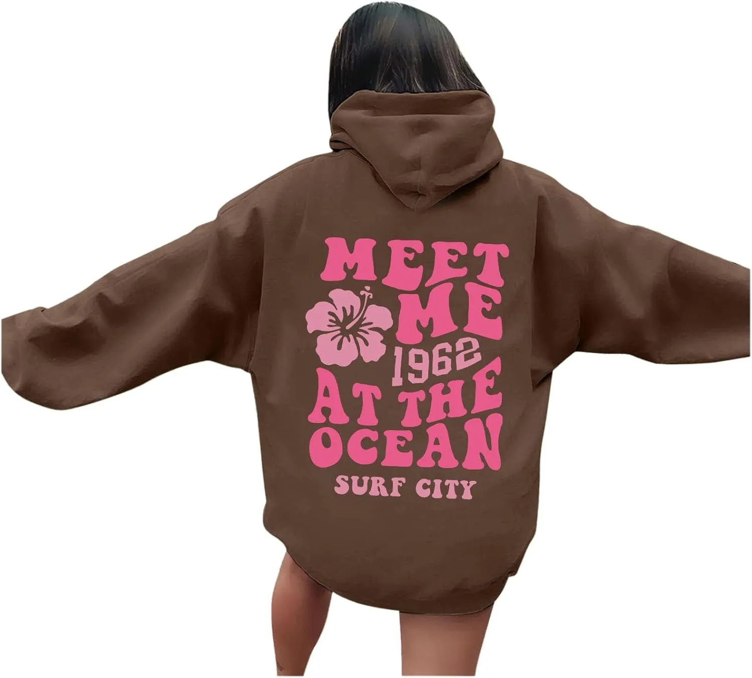 Meet Me at The Ocean Graphic Hoodie For Women Trendy Letter Printed Long Sleeve Hoodie Oversized Casual Pullover Tops