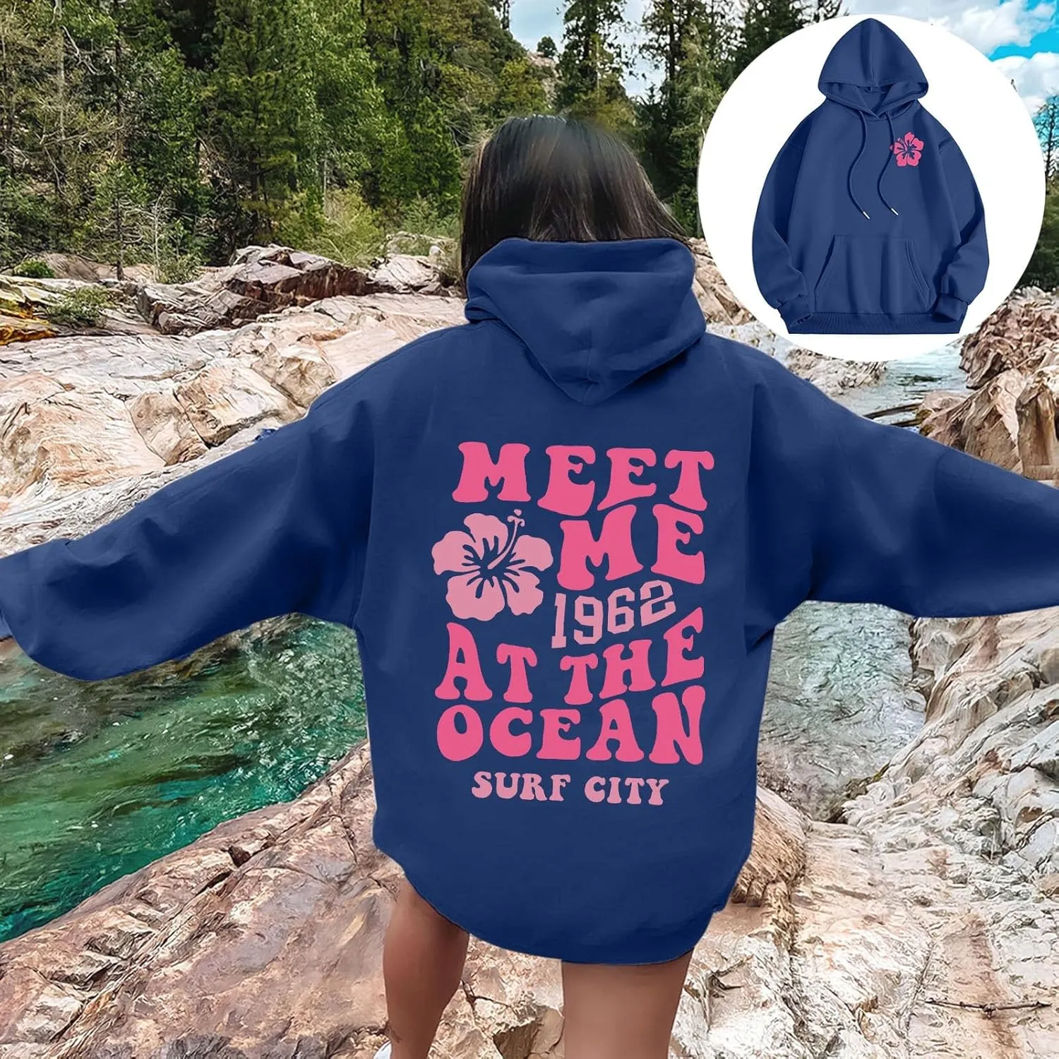 Meet Me at The Ocean Graphic Hoodie For Women Trendy Letter Printed Long Sleeve Hoodie Oversized Casual Pullover Tops