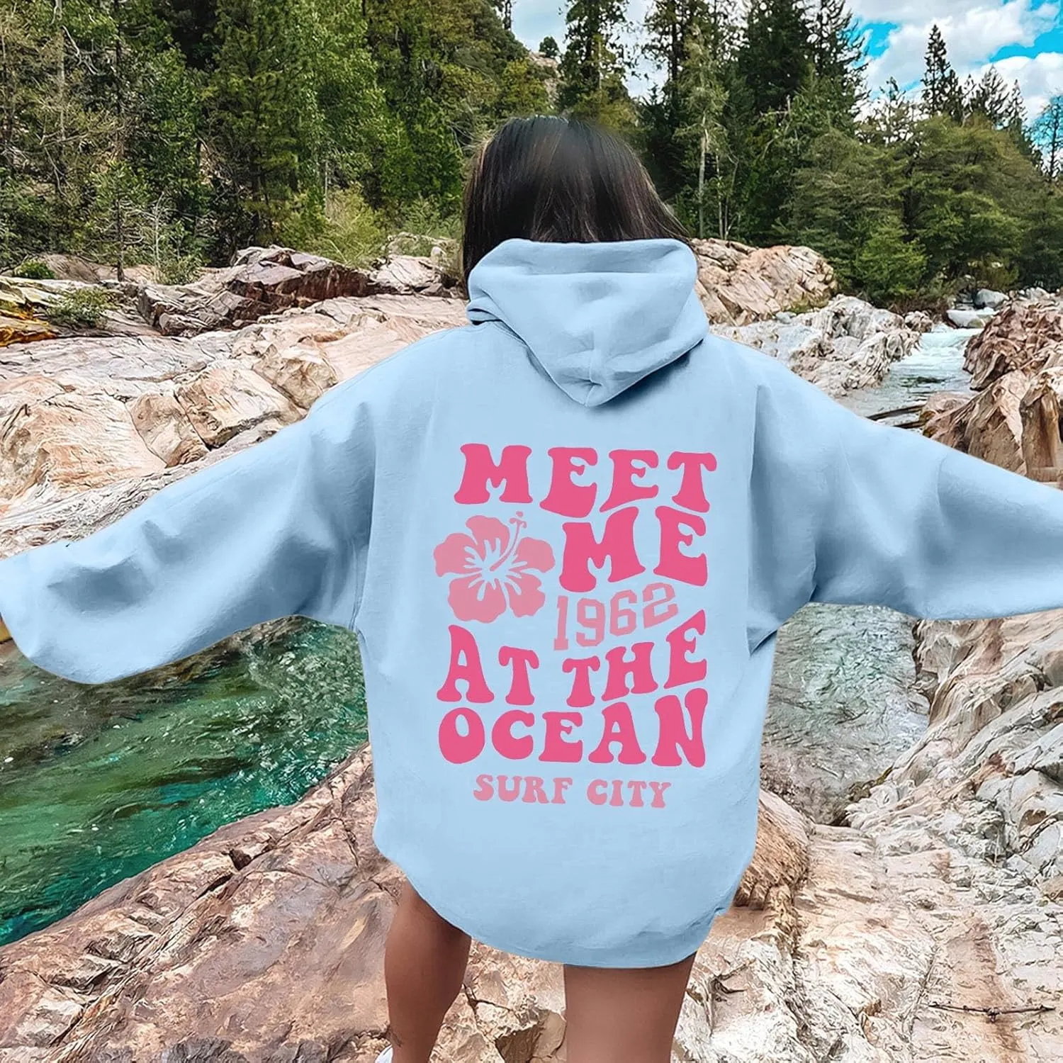 Meet Me at The Ocean Graphic Hoodie For Women Trendy Letter Printed Long Sleeve Hoodie Oversized Casual Pullover Tops