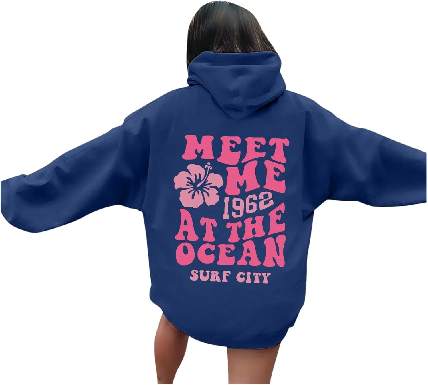 Meet Me at The Ocean Graphic Hoodie For Women Trendy Letter Printed Long Sleeve Hoodie Oversized Casual Pullover Tops