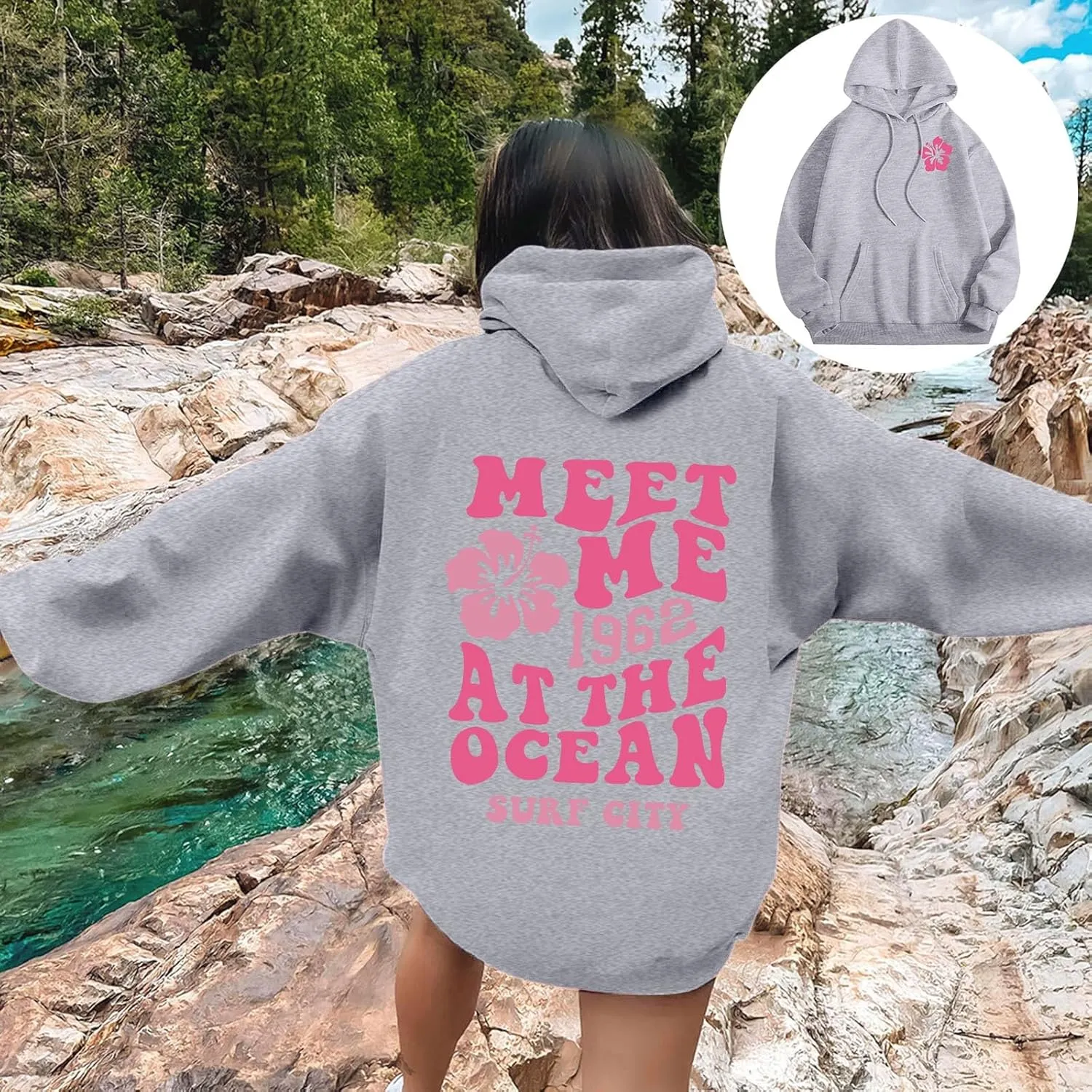 Meet Me at The Ocean Graphic Hoodie For Women Trendy Letter Printed Long Sleeve Hoodie Oversized Casual Pullover Tops