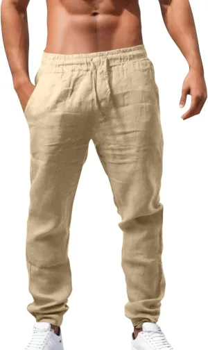 Men Cargo Work Pants Casual Linen Elasticated Waist Pant Jogging Sweatpants Joggers Baggy Sports Gym Pants