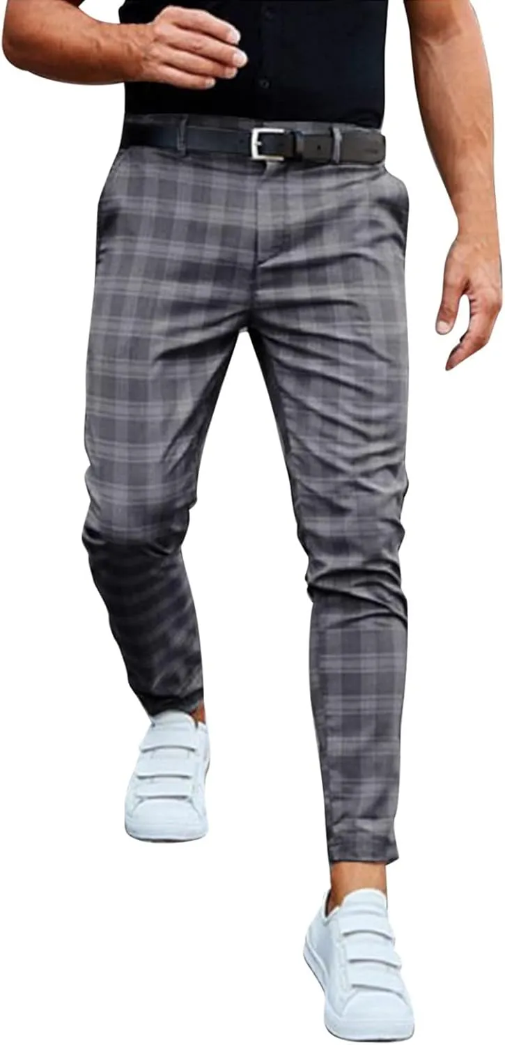 Men Fashion Stretch Dress Pants Chinos Slim Fit Plaid Pants Business Suit Pants Casual Golf Stretch Dress Pants