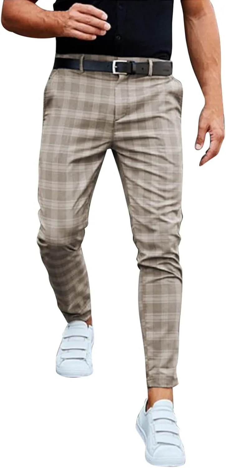 Men Fashion Stretch Dress Pants Chinos Slim Fit Plaid Pants Business Suit Pants Casual Golf Stretch Dress Pants