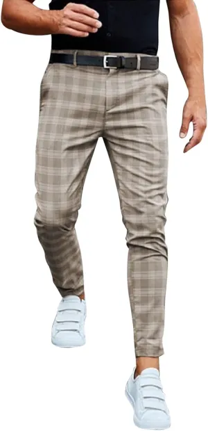 Men Fashion Stretch Dress Pants Chinos Slim Fit Plaid Pants Business Suit Pants Casual Golf Stretch Dress Pants