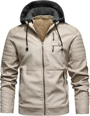 Men Faux Leather Jacket Motorcycle Jacket Casual Waterproof Windproof Pu Moto Coat Vintage Bomber Hoodie With Hood