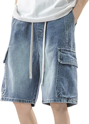 Men Loose Fit Denim Shorts Baggy Summer Casual Wide Leg Long Jean Jorts Hip Hop Shorts Streetwear with Pockets