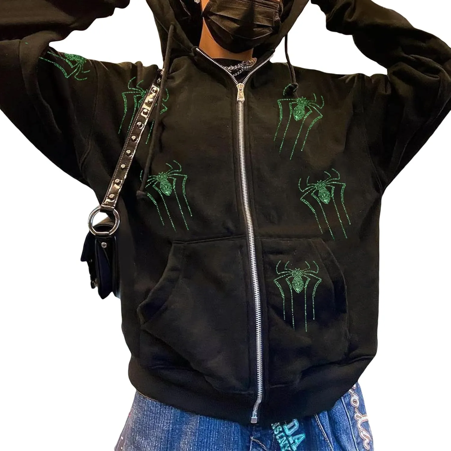Men Womens Skeleton Zip Up Hoodie Y2k Oversized Rhinestone Skull Hooded Graphic Sweatshirt Thin Aesthetic Jackets