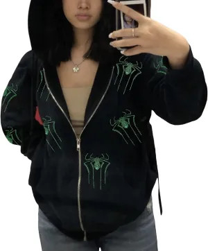 Men Womens Skeleton Zip Up Hoodie Y2k Oversized Rhinestone Skull Hooded Graphic Sweatshirt Thin Aesthetic Jackets