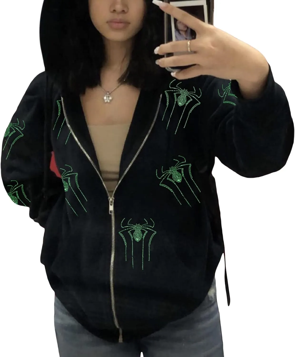 Men Womens Skeleton Zip Up Hoodie Y2k Oversized Rhinestone Skull Hooded Graphic Sweatshirt Thin Aesthetic Jackets