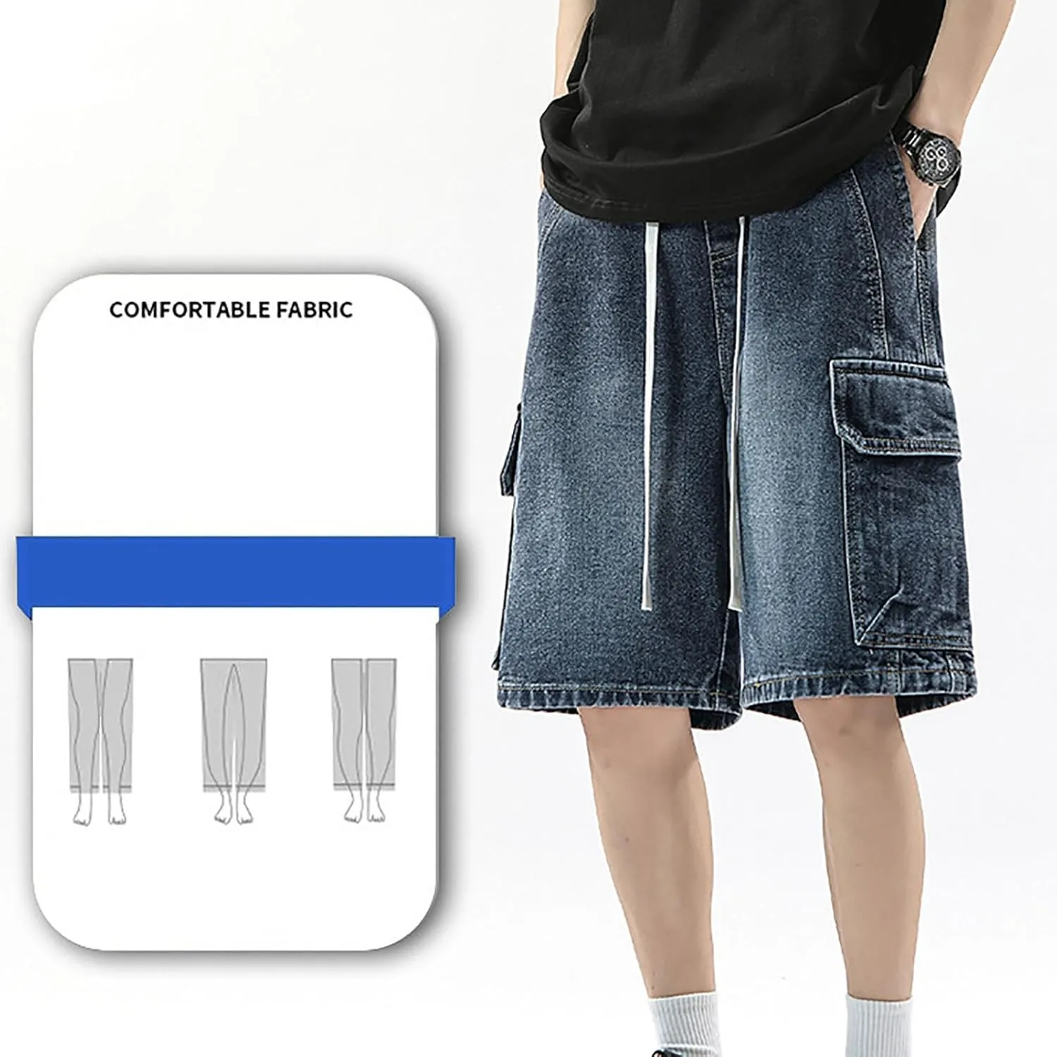 Men Y2K Grunge Baggy Jean Shorts Summer Casual Hip Hop Mid Loose Fit Denim Shorts Streetwear