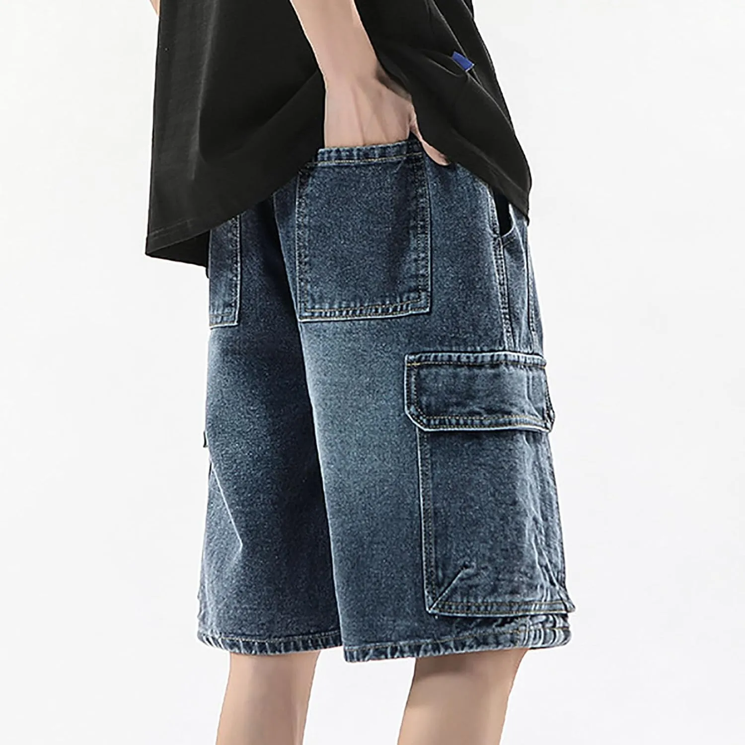 Men Y2K Grunge Baggy Jean Shorts Summer Casual Hip Hop Mid Loose Fit Denim Shorts Streetwear