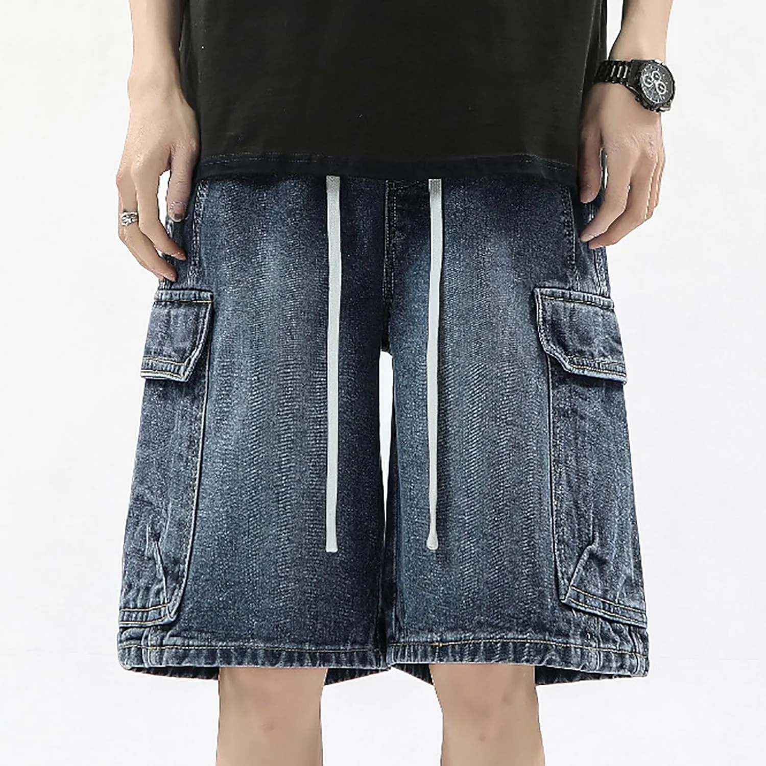 Men Y2K Grunge Baggy Jean Shorts Summer Casual Hip Hop Mid Loose Fit Denim Shorts Streetwear