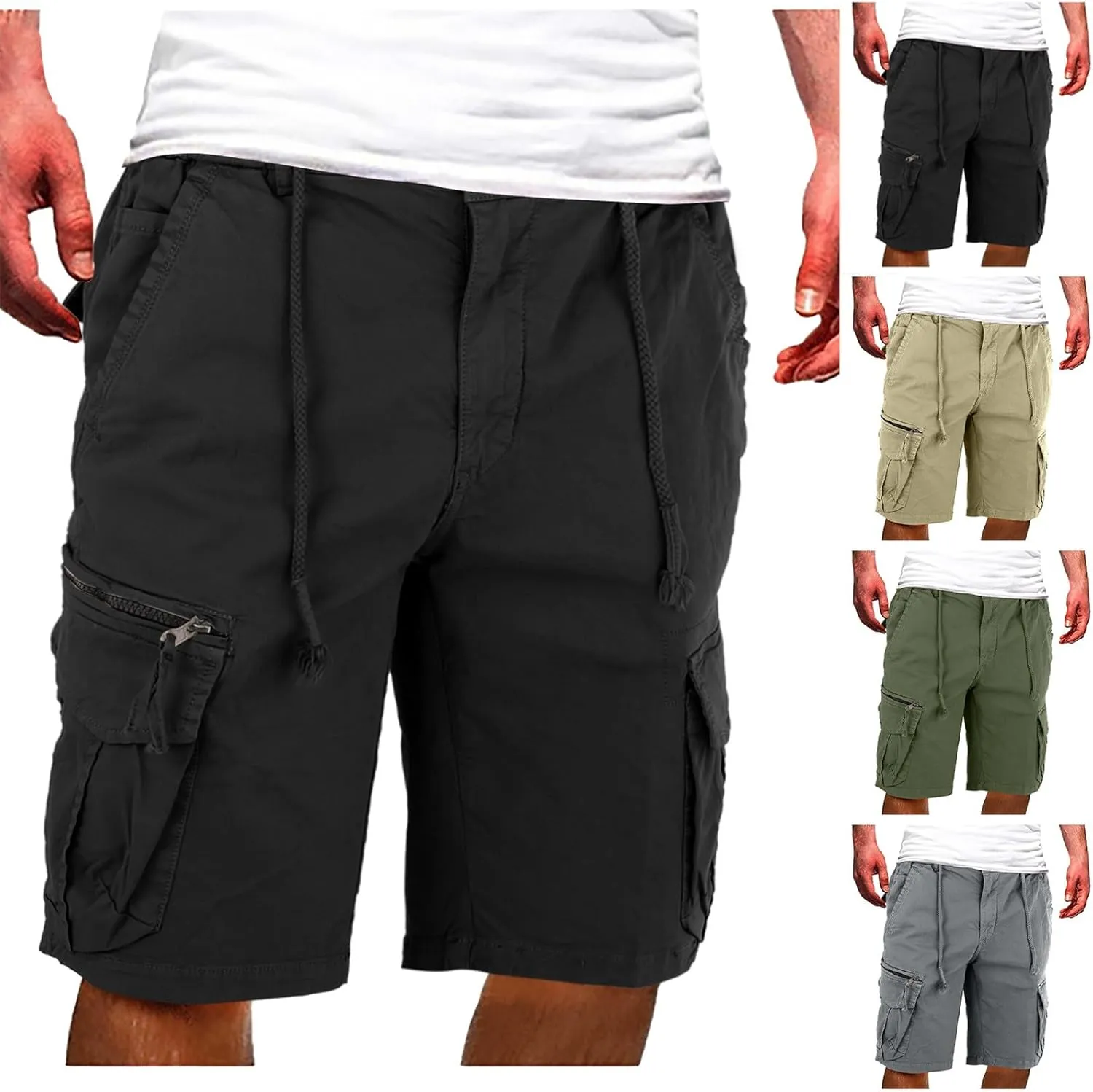 Mens 2024 Cargo Shorts Drawstring Straight Leg Baggy Combat Hiking Fishing Pants High Waist Solid Color Jogger Casual Bermuda