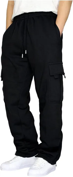 Men's Cargo Sweatpants Heavyweight Fleece Joggers Loose Fit Open Bottom Casual Workout Athletic Pants with Pockets
