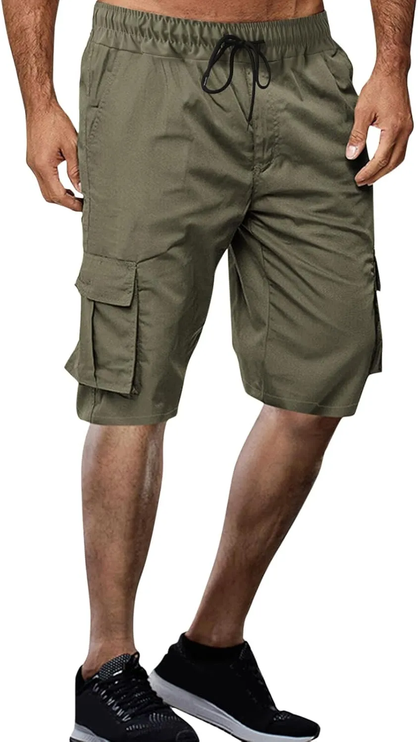Mens Casual Fashion Cargo Pants Capris Expandable Waisted Drawstring Shorts Multi-Pockets Hiking Fishing Combat Cropped Pants