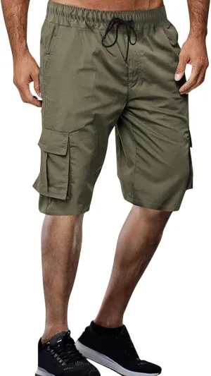 Mens Casual Fashion Cargo Pants Capris Expandable Waisted Drawstring Shorts Multi-Pockets Hiking Fishing Combat Cropped Pants