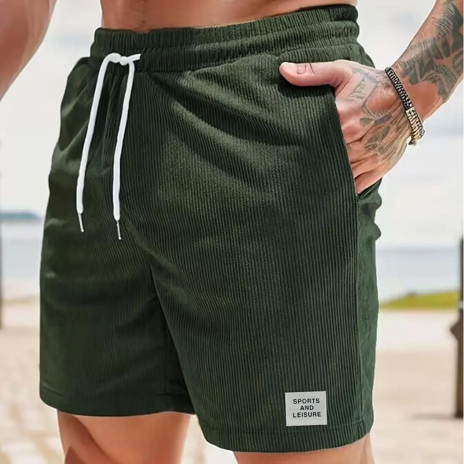 Men's Corduroy Shorts 2024 Casual Elastic Waist Drawstring Shorts Lightweight Summer Beach Shorts Active Track Shorts