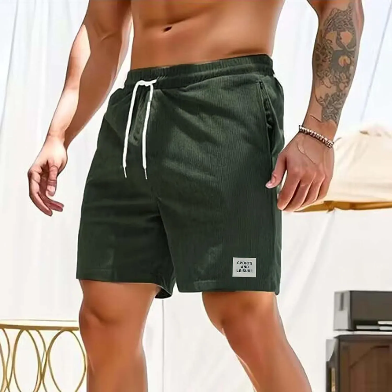 Men's Corduroy Shorts 2024 Casual Elastic Waist Drawstring Shorts Lightweight Summer Beach Shorts Active Track Shorts