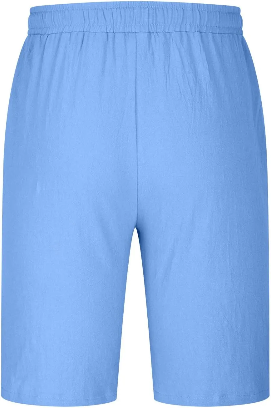 Mens Cotton Linen Shorts - White, Sleeveless, Elastic Waistband, Loose Fit, 11 Inch Inseam