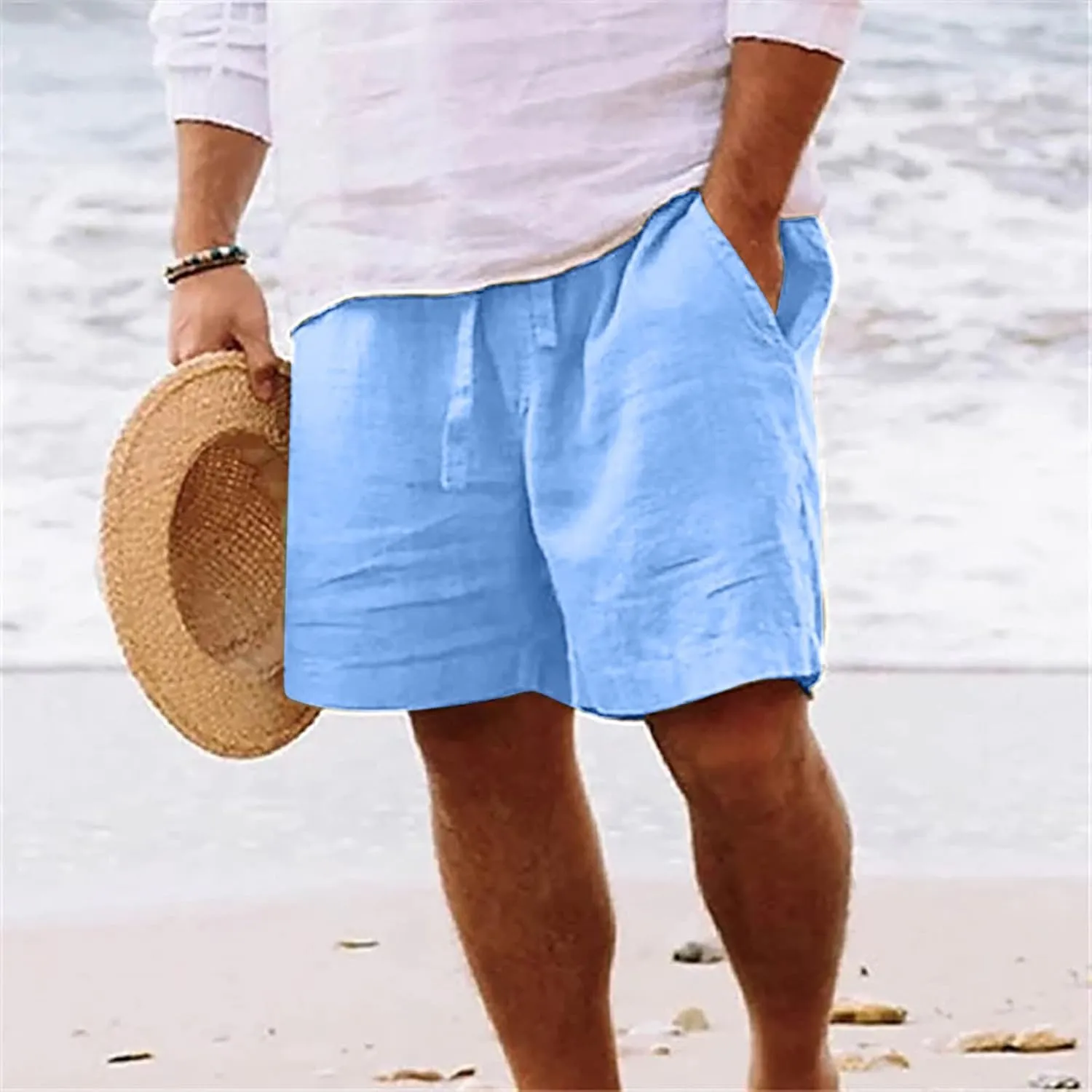 Mens Cotton Linen Shorts - White, Sleeveless, Elastic Waistband, Loose Fit, 11 Inch Inseam