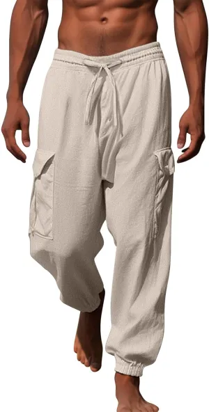 Mens Drawstring Tapered Pants Cotton and Linen Elastic Waisted Lightweight Casual Trousers Summer Quick Drying Workout Pants