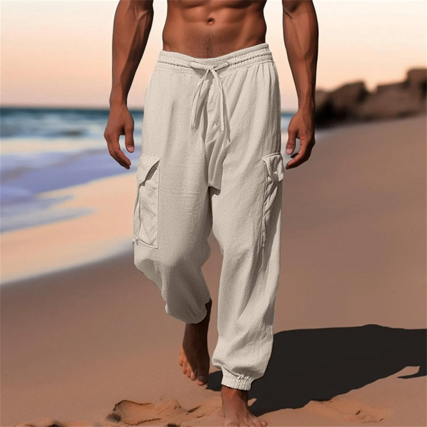 Mens Drawstring Tapered Pants Cotton and Linen Elastic Waisted Lightweight Casual Trousers Summer Quick Drying Workout Pants