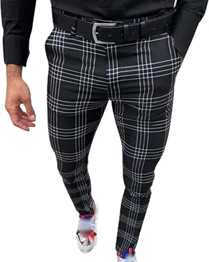Men's Dress Plaid Slim Fit Skinny Flat Front Business Pants with Pockets Casual Pants Stretch Chino Pants