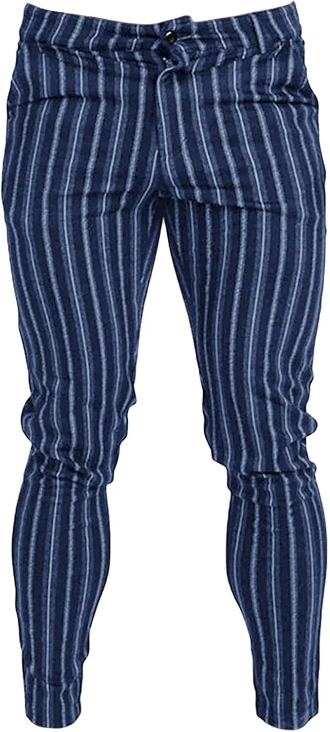 Men's Dress Striped Pants Slim Fit Flat Front Business Trousers Plaid Skinny Stretch Chino Pants Dress Pants