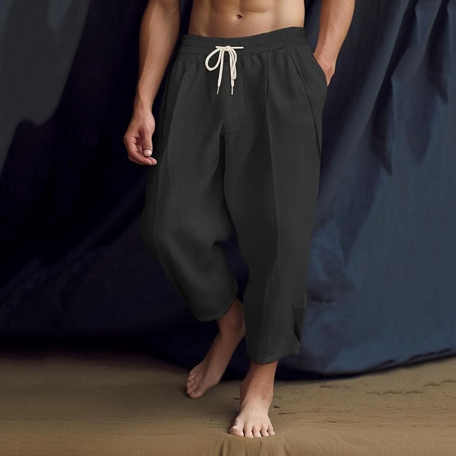 Mens Lightweight Linen Pants Solid Color Summer Sweatpants Lounge Classic Fit Beach Yoga Trousers Outdoor Joggers