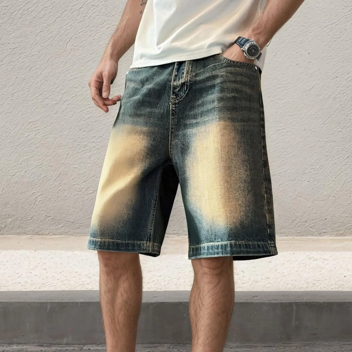 Men's Loose Fit Hip Hop Long Jean Shorts Work Denim Shorts with Pockets Skateboard Trendy Outfits