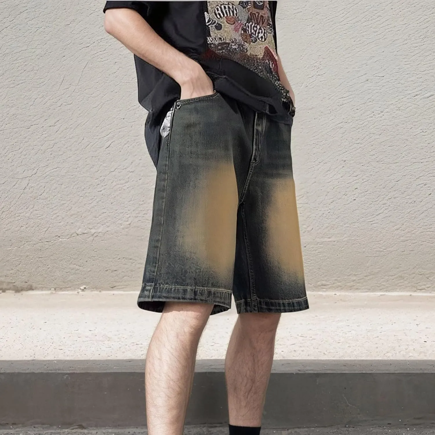 Men's Loose Fit Hip Hop Long Jean Shorts Work Denim Shorts with Pockets Skateboard Trendy Outfits