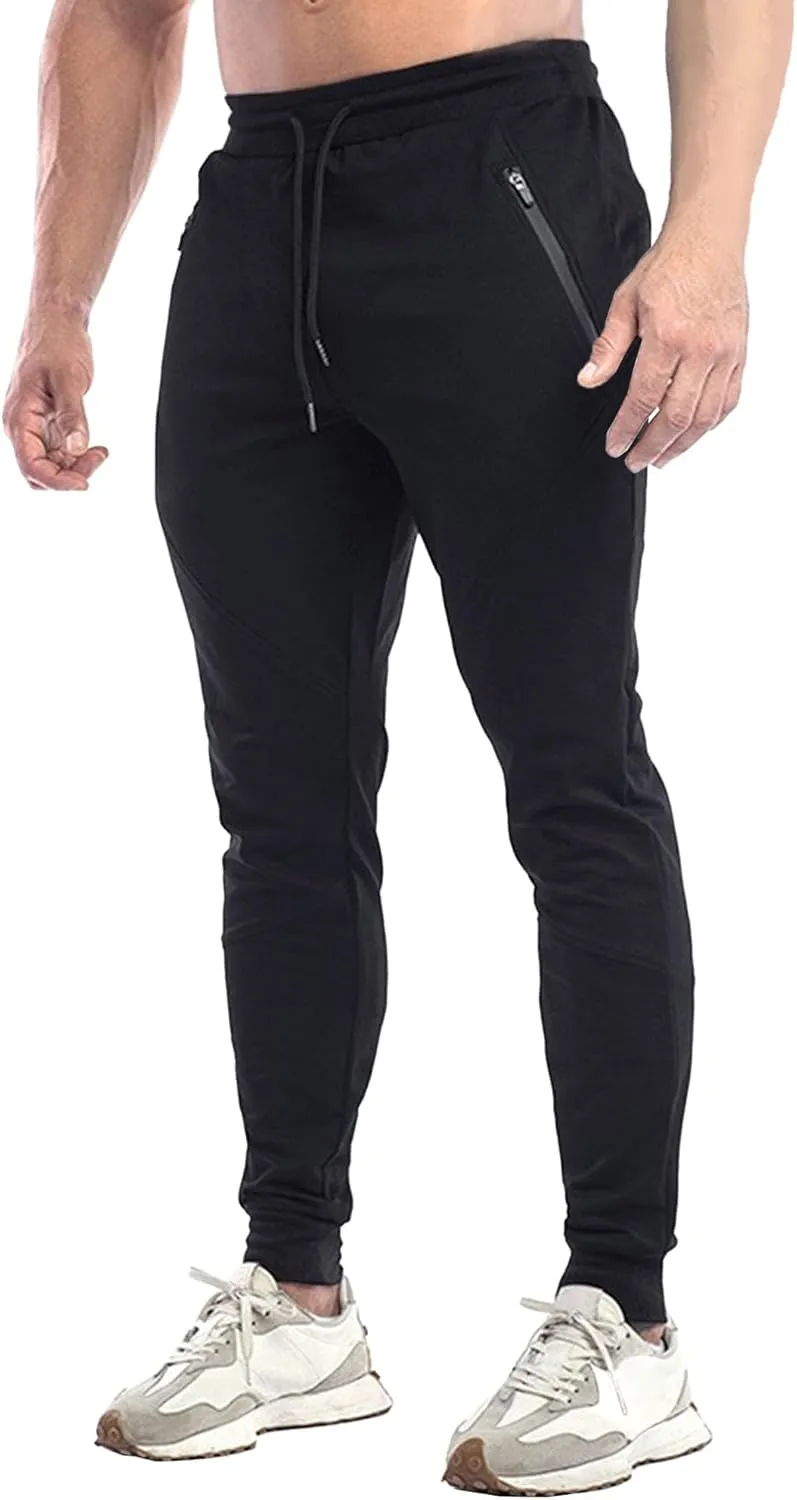 Men's Slim Fit Stretch Solid Hiking Pants Cotton Casual Running Athletic Pants Elastic Waist Zipper Trousers